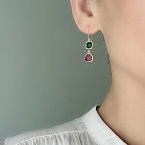 Emerald Green & Rose Pink Earrings With Gold Plated Over Siver Ear Wires